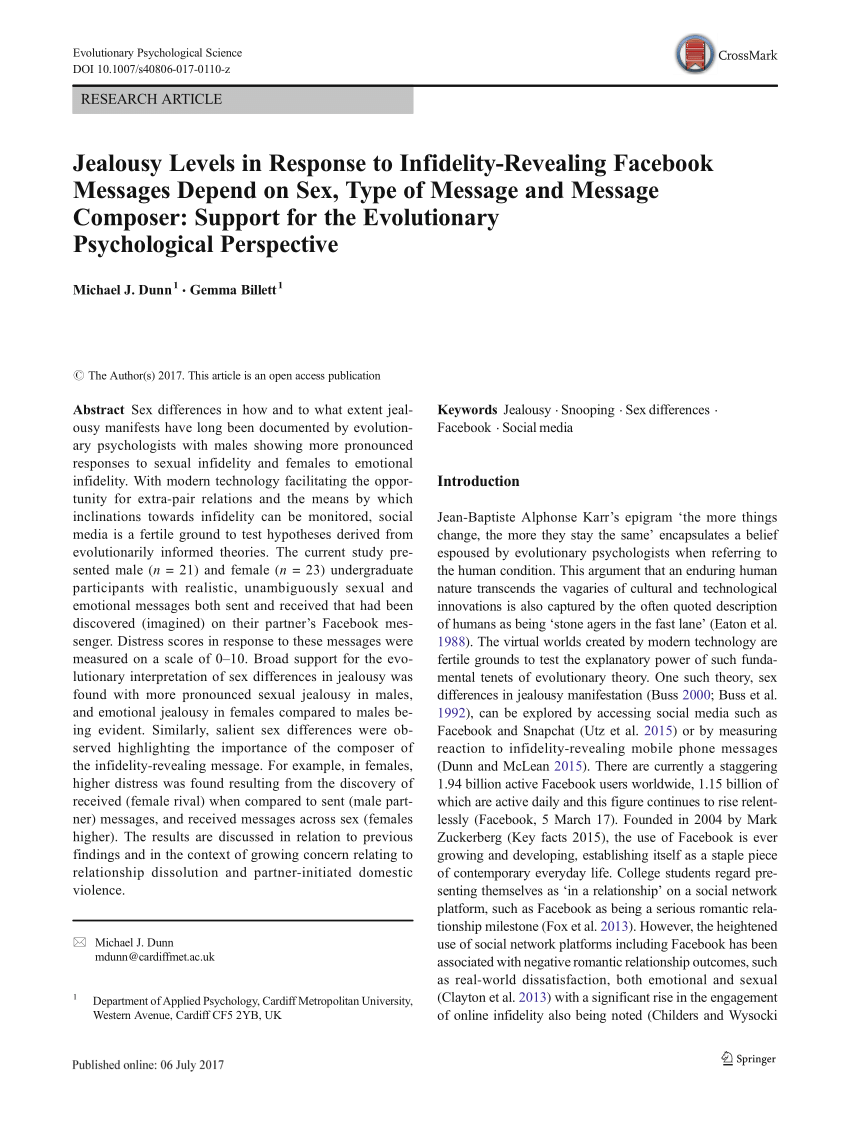 PDF) Jealousy Levels in Response to Infidelity-Revealing Facebook Messages Depend on Sex, Type of Message and Message Composer Support for the Evolutionary Psychological Perspective picture photo picture