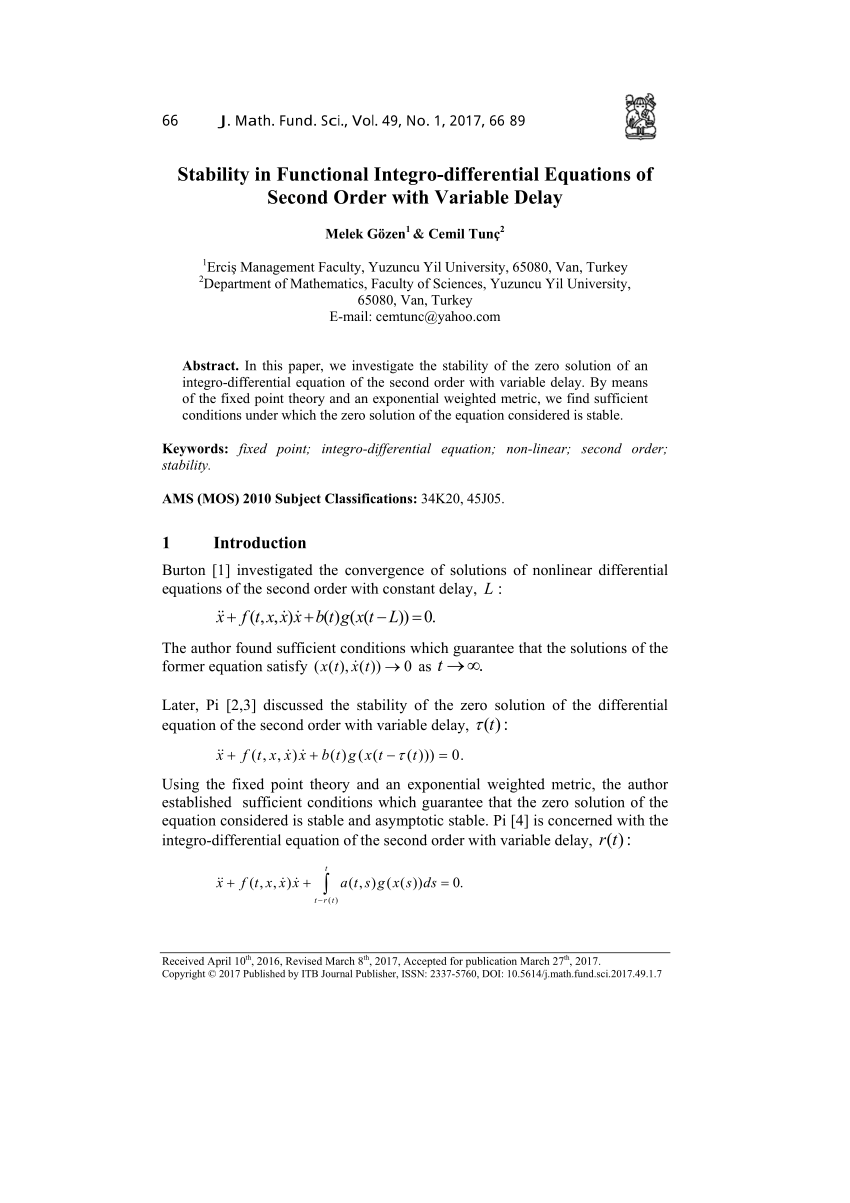 Pdf Stability In Functional Integro Differential Equations Of Second Order With Variable Delay