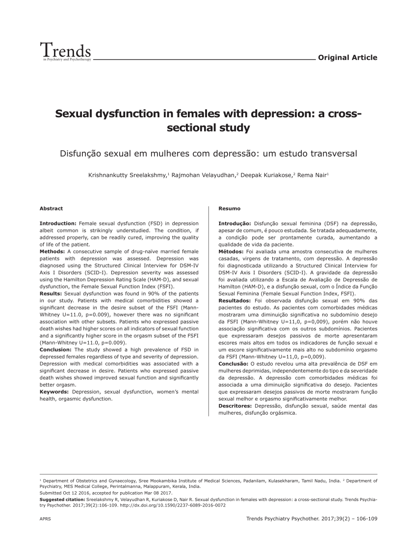 PDF Sexual dysfunction in females with depression A cross