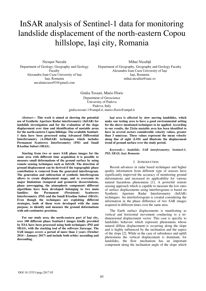 Pdf Insar Analysis Of Sentinel 1 Data For Monitoring Landslide Displacement Of The North Eastern Copou Hillslope Iasi City Romania