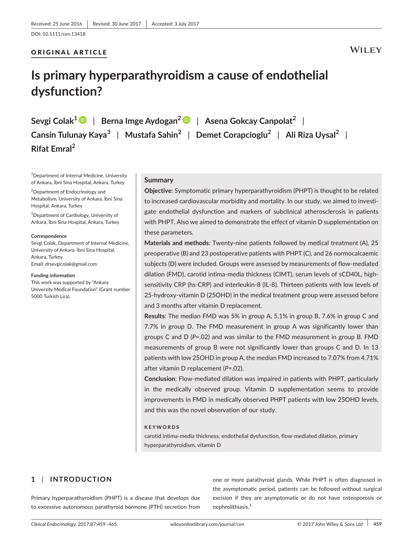 PDF Is primary hyperparathyroidism a cause of endothelial  