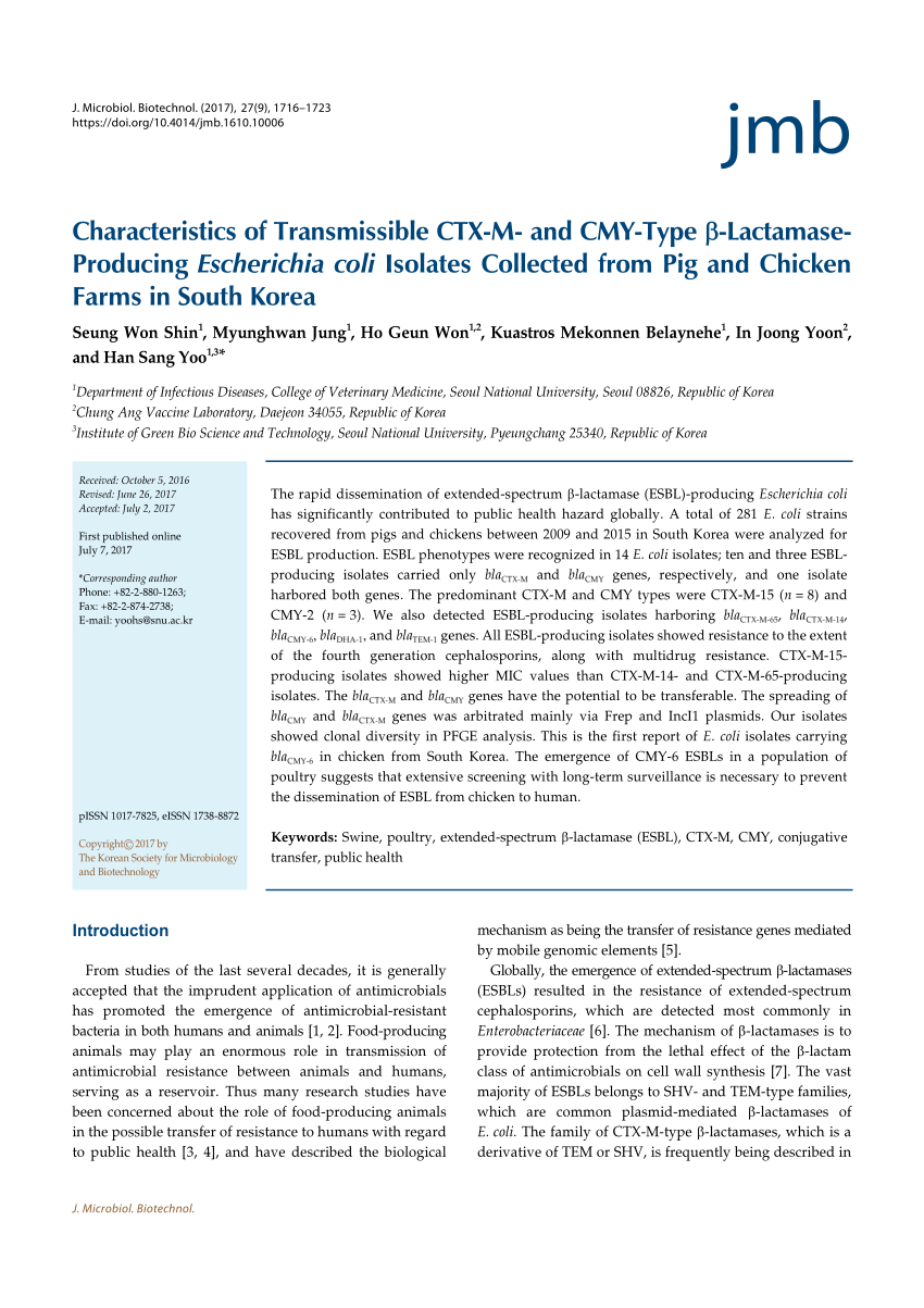PDF) Characteristics of Transmissible CTX-M- and CMY-Type ��-Lactamase-Producing Escherichia coli Isolates Collected from Pig and Chicken in Korea