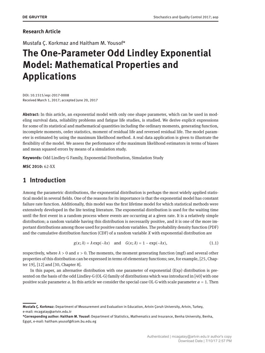 Pdf The One Parameter Odd Lindley Exponential Model Mathematical Properties And Applications