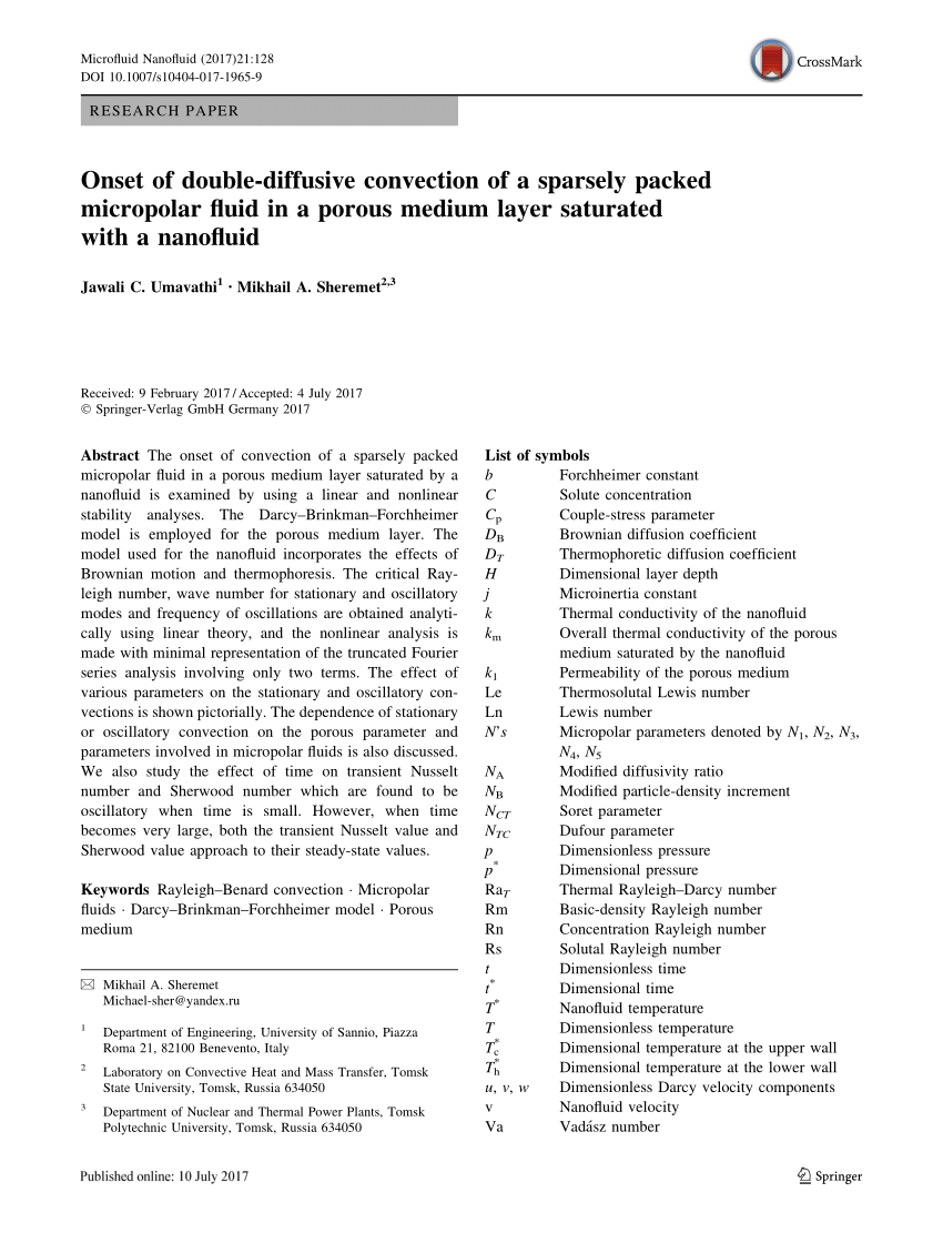 Pdf Onset Of Double Diffusive Convection Of A Sparsely Packed Micropolar Fluid In A Porous Medium Layer Saturated With A Nanofluid