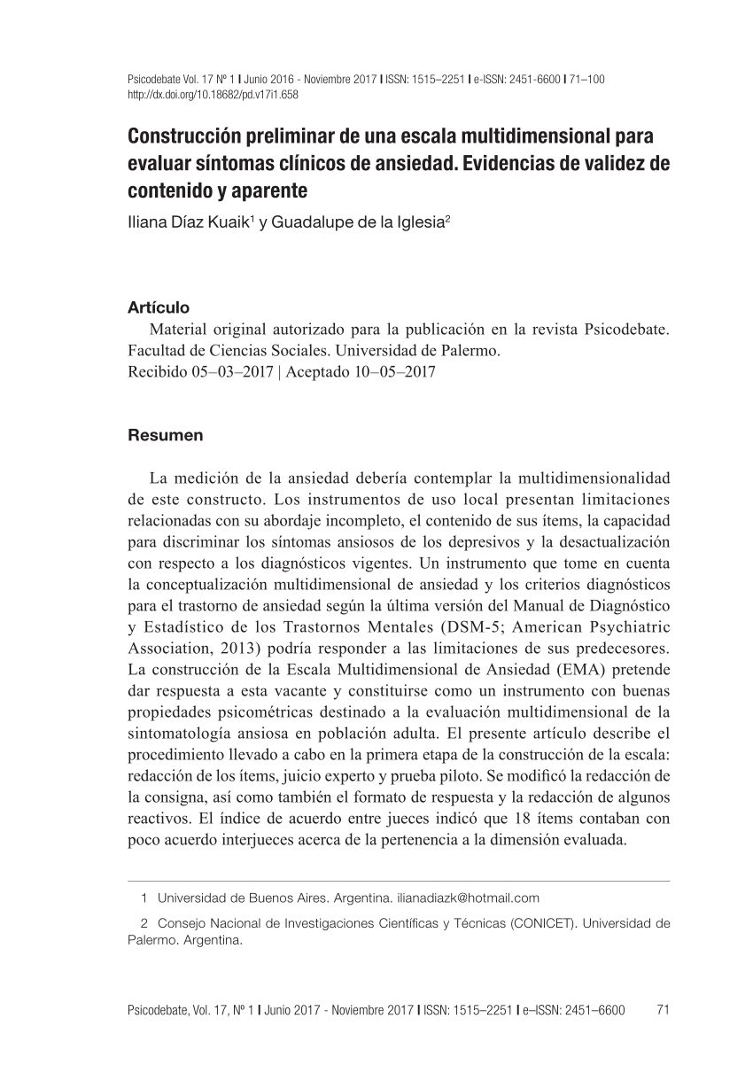 Pdf Construccion Preliminar De Una Escala Multidimensional Para Evaluar Sintomas Clinicos De Ansiedad Evidencias De Validez De Contenido Y Aparente