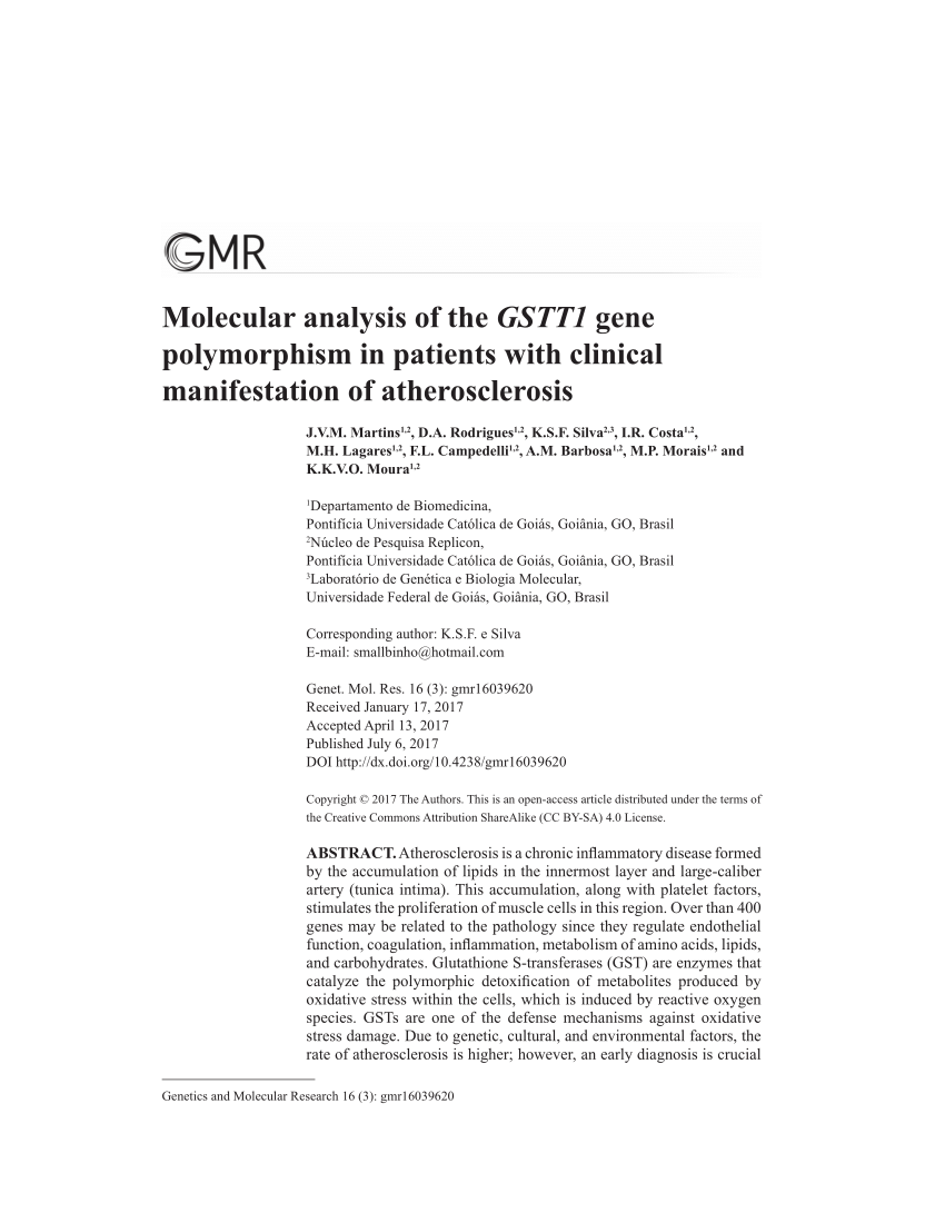 Pdf Molecular Analysis Of The Gstt1 Gene Polymorphism In Patients With Clinical Manifestation Of Atherosclerosis