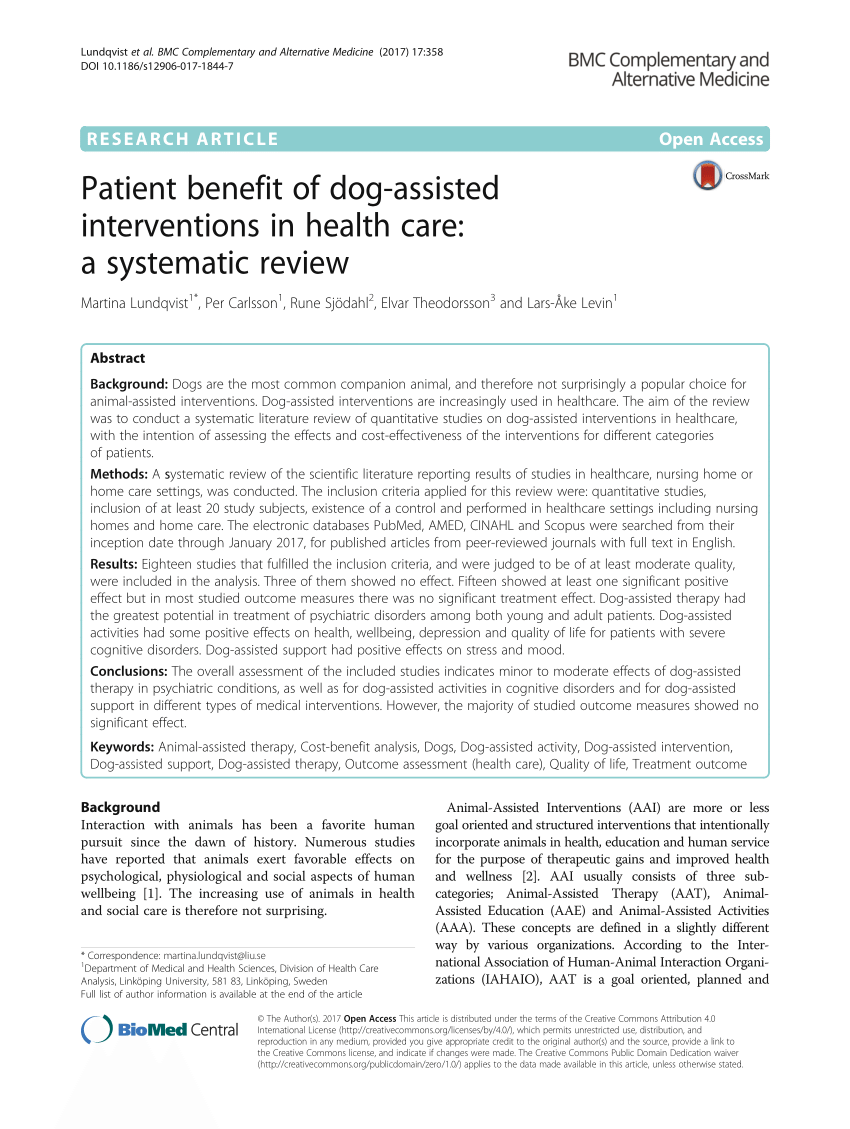 PDF) Patient benefit of dog-assisted interventions in health care: A  systematic review