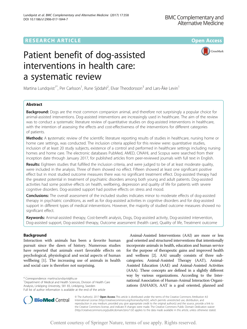 PDF) Patient benefit of dog-assisted interventions in health care: A  systematic review