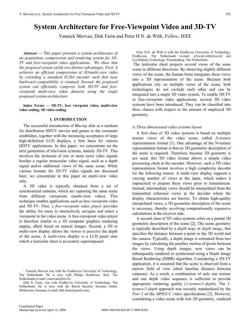 Pdf System Architecture For Free Viewpoint Video And 3d Tv