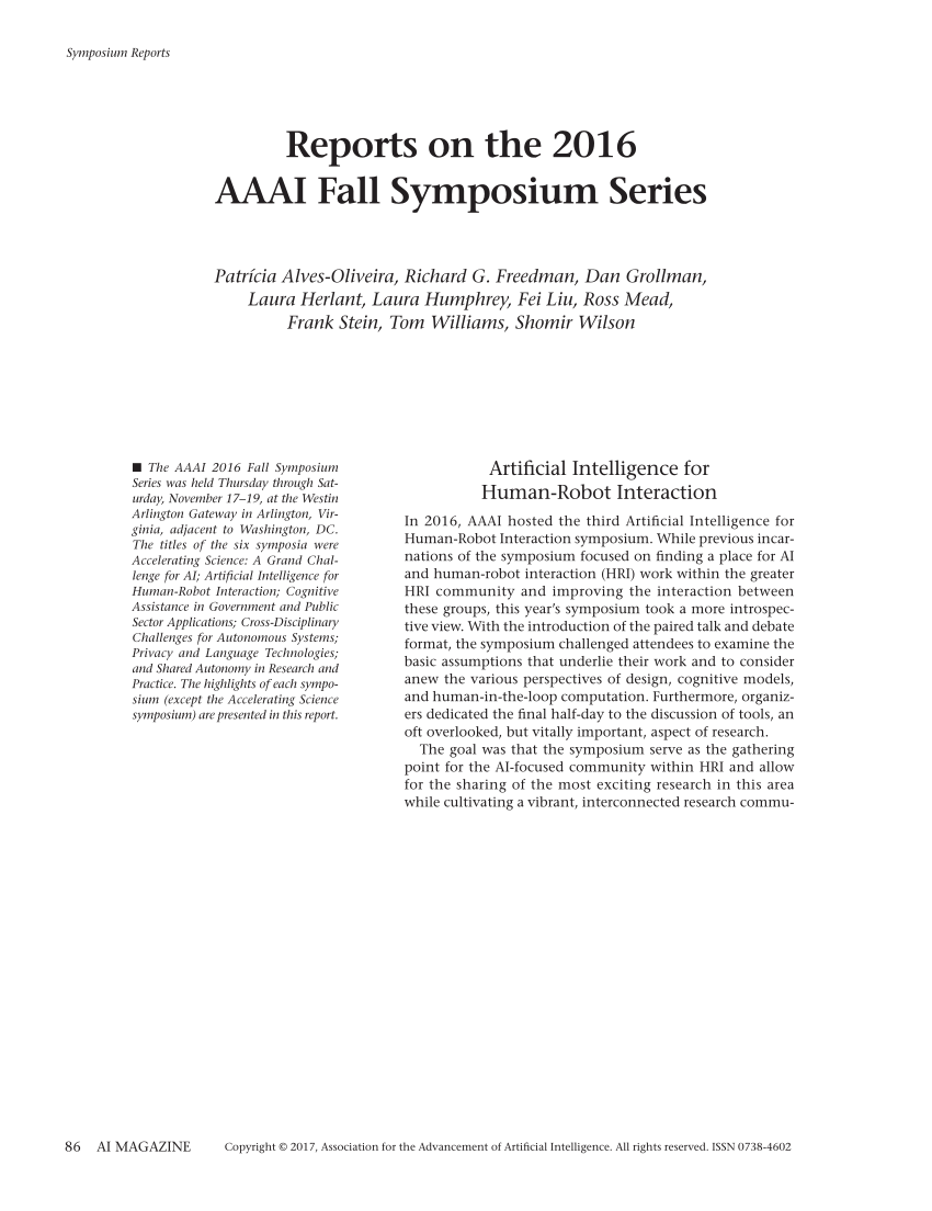 (PDF) Reports on the 2016 AAAI fall symposium series