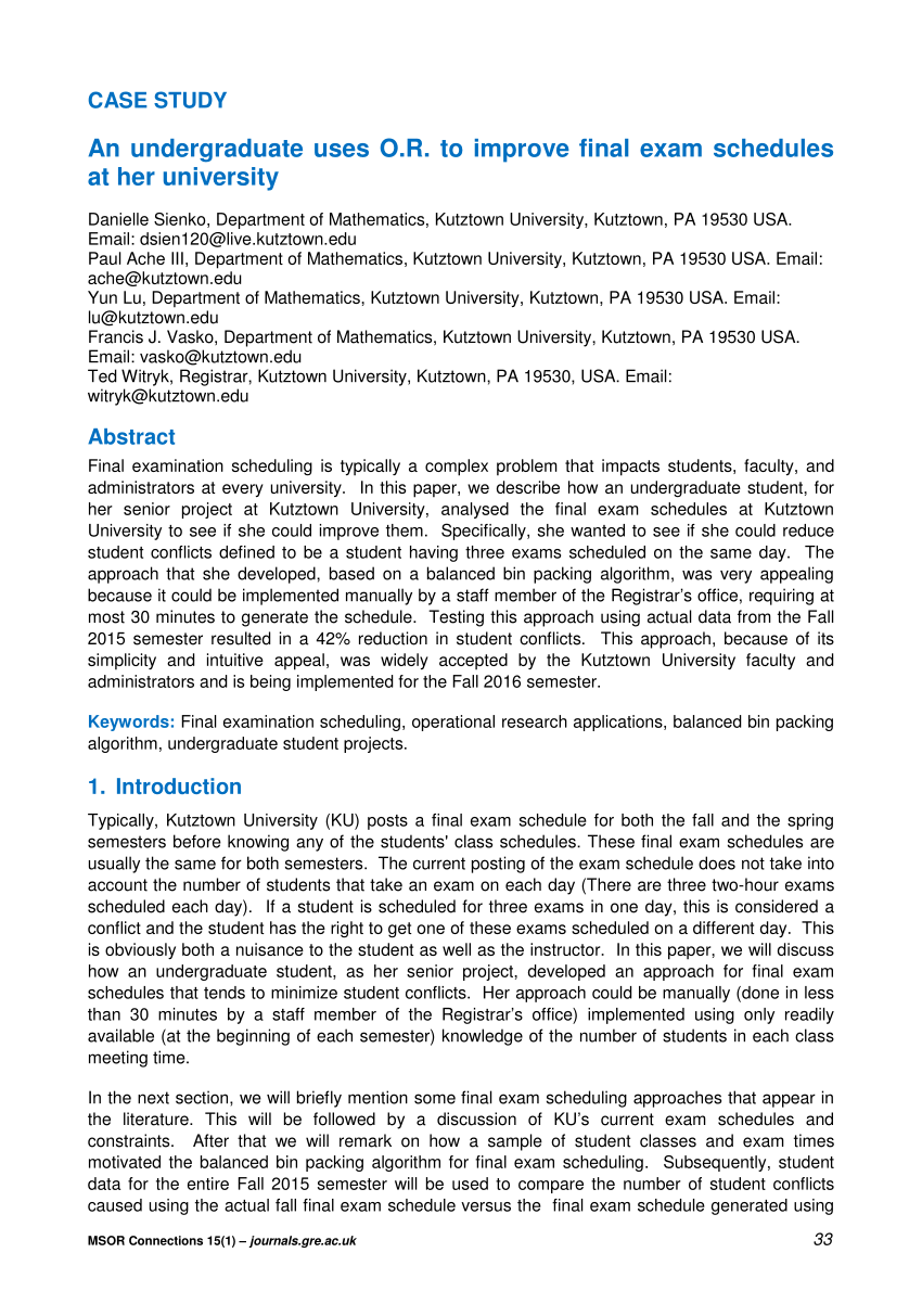 (PDF) An undergraduate uses OR to improve Final Exam Schedules at her university