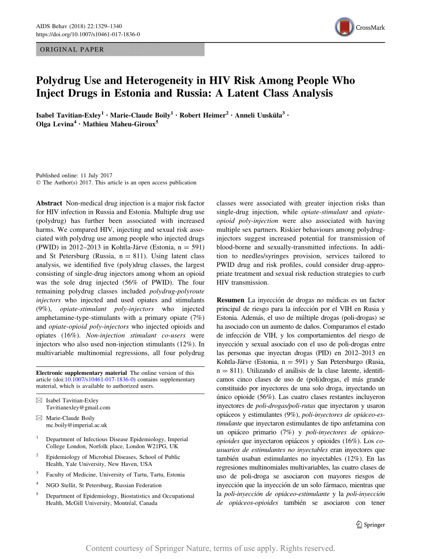 PDF) Polydrug Use and Heterogeneity in HIV Risk Among People Who Inject  Drugs in Estonia and Russia: A Latent Class Analysis