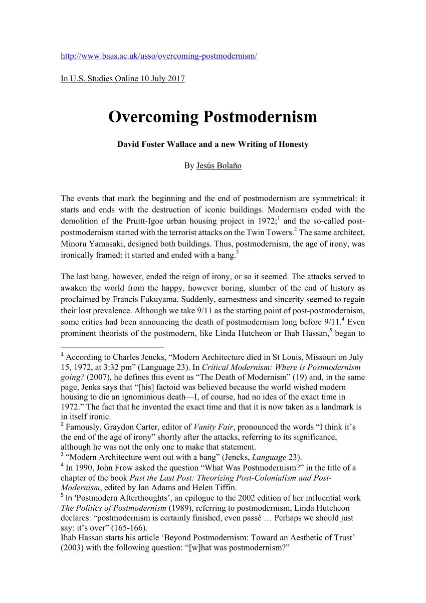 PDF) Overcoming Postmodernism: David Foster Wallace and a new Writing of  Honesty