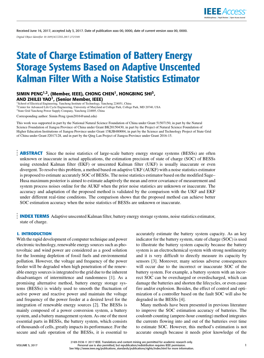 Pdf State Of Charge Estimation Of Battery Energy Storage