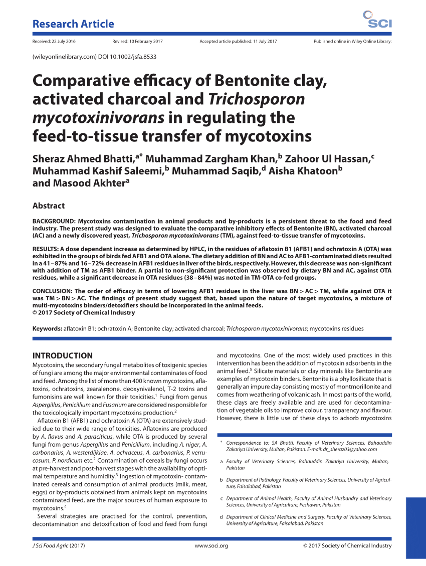 PDF) Comparative efficacy of Bentonite clay, activated charcoal and  Trichosporon mycotoxinivorans in regulating the feed-to-tissue transfer of  mycotoxins