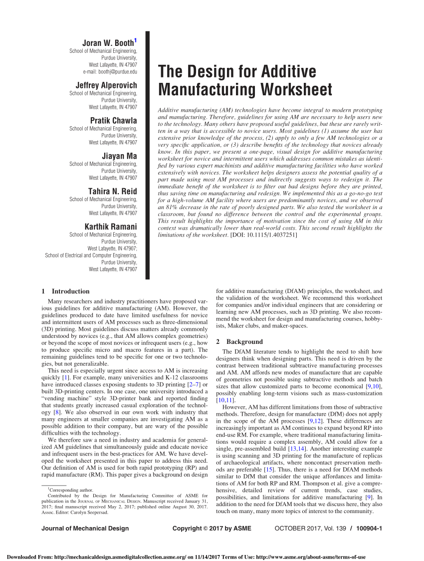 PDF) The Design for Additive Manufacturing Worksheet With Engineering Design Process Worksheet