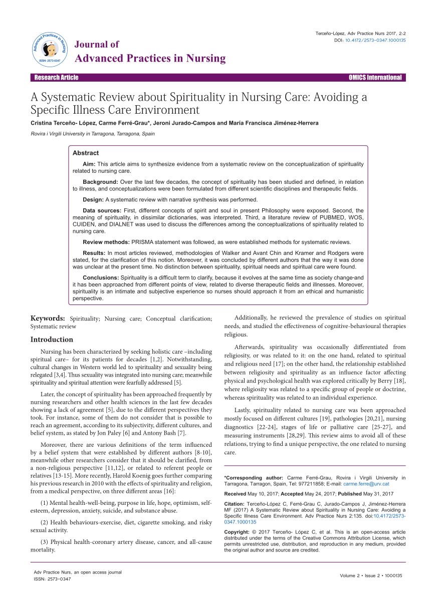 Pdf A Systematic Review About Spirituality In Nursing Care Avoiding A Specific Illness Care Environment