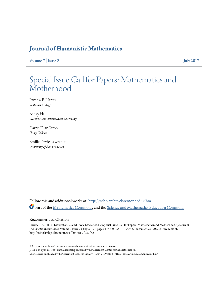 (PDF) Special Issue Call for Papers Mathematics and Motherhood