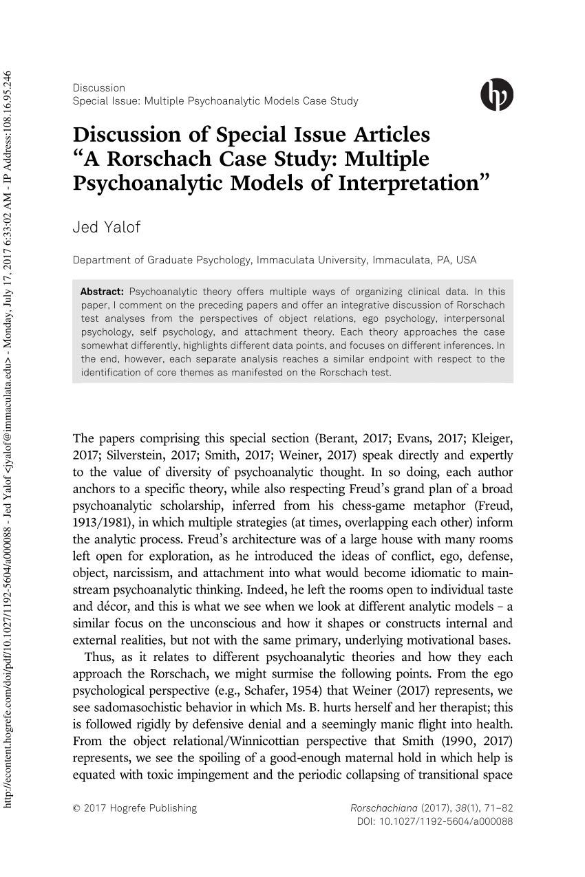 Pdf Discussion Of Special Issue Articles A Rorschach Case Study Multiple Psychoanalytic Models Of Interpretation