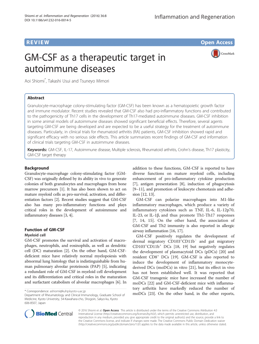 (PDF) GM-CSF as a therapeutic target in autoimmune diseases