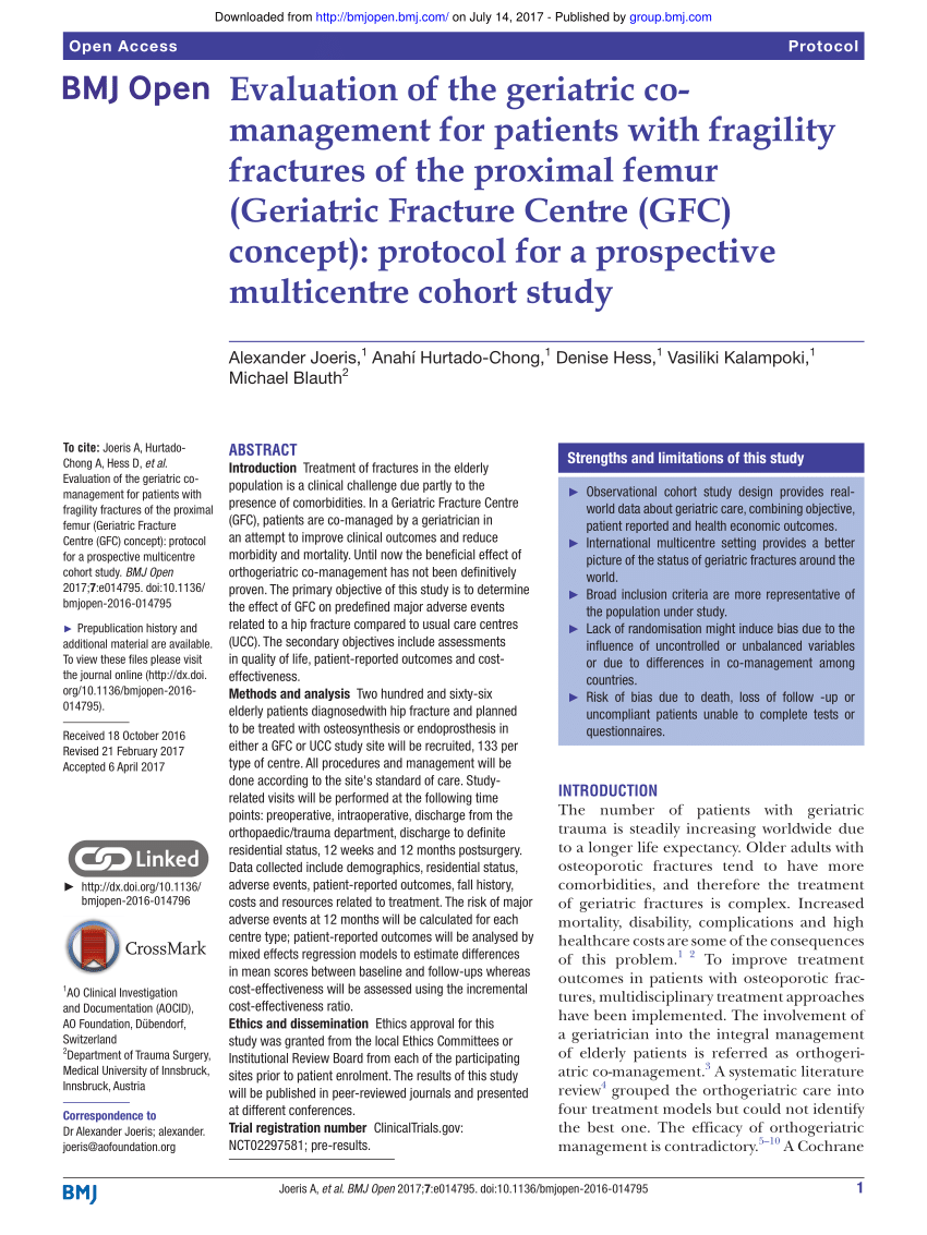 Pdf Evaluation Of The Geriatric Co Management For Patients With Fragility Fractures Of The Proximal Femur Geriatric Fracture Centre Gfc Concept Protocol For A Prospective Multicentre Cohort Study