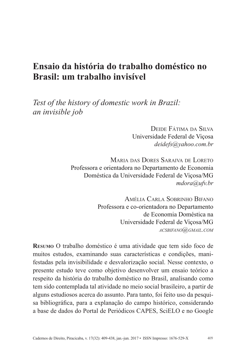 PDF) Ensaio da história do trabalho doméstico no Brasil: um trabalho  invisível