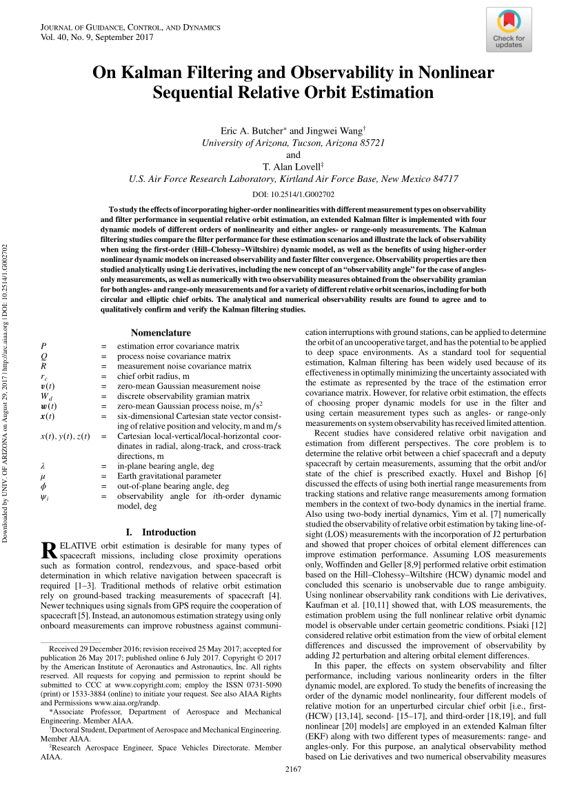 Pdf On Kalman Filtering And Observability In Nonlinear Sequential Relative Orbit Estimation