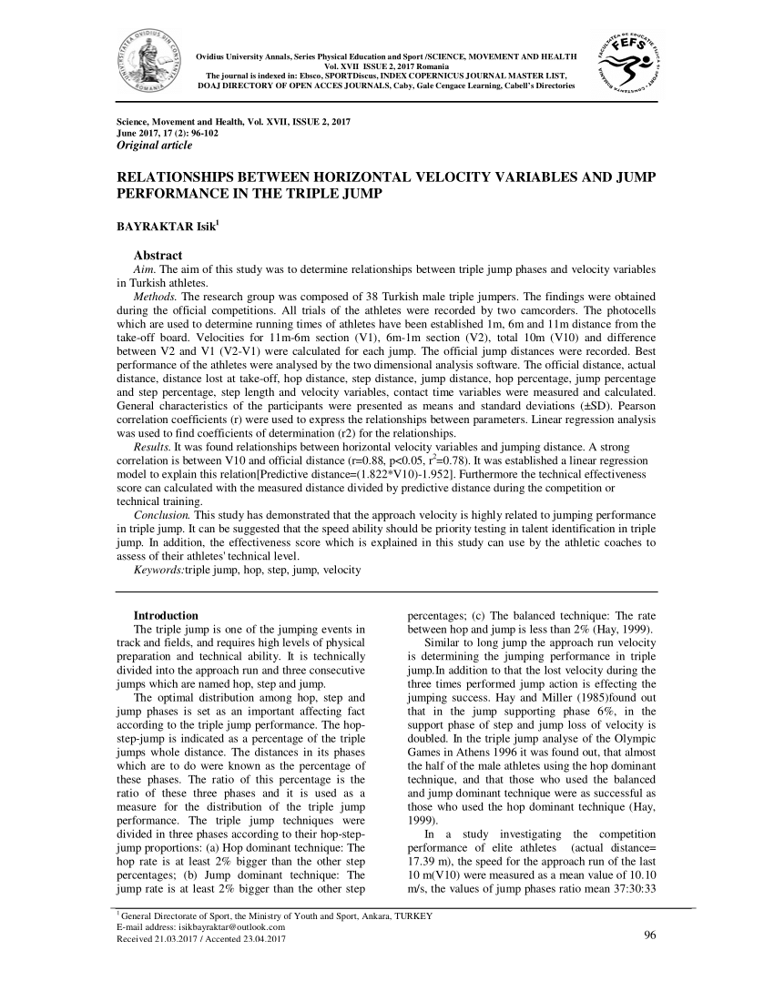 Pdf Relationships Between Horizontal Velocity Variables And Jump Performance In The Triple Jump