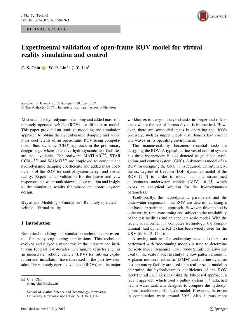 Pdf Experimental Validation Of Open Frame Rov Model For Virtual Reality Simulation And Control