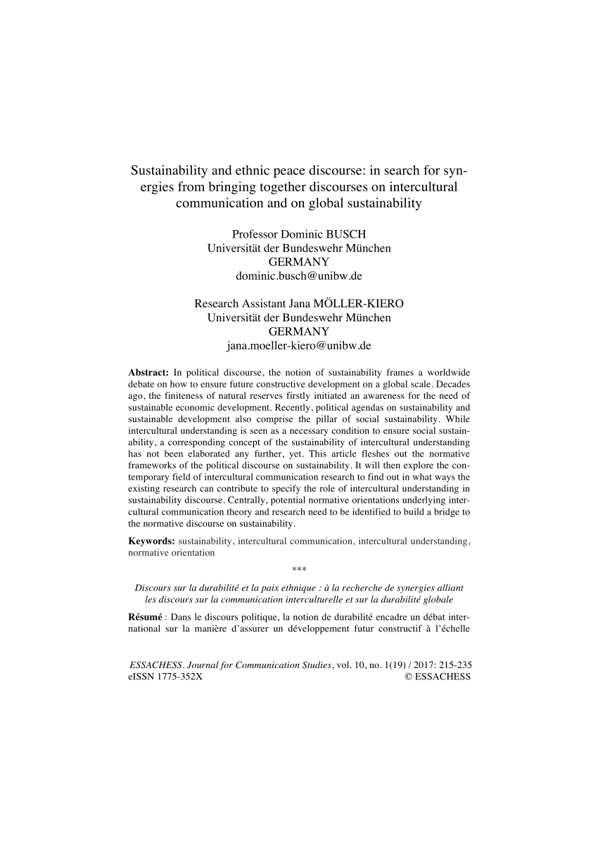 Pdf Sustainability And Ethnic Peace Discourse In Search For Synergies From Bringing Together Discourses On Intercultural Communication And On Global Sustainability