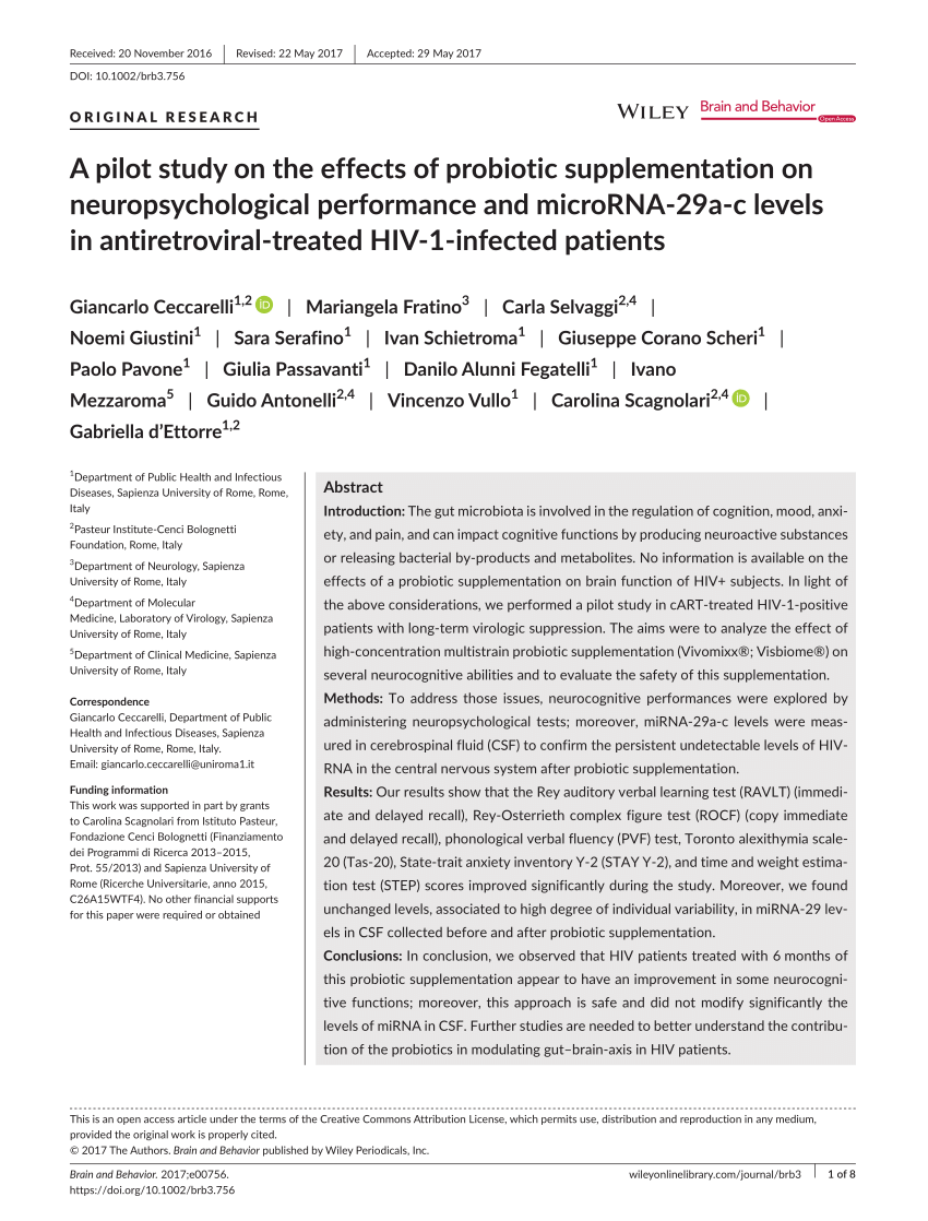 A pilot study on the effects of probiotic supplementation on neuropsychological performance and microRNA-29a-c levels in antiretroviral-treated HIV-1-infected patients (PDF Download Available)