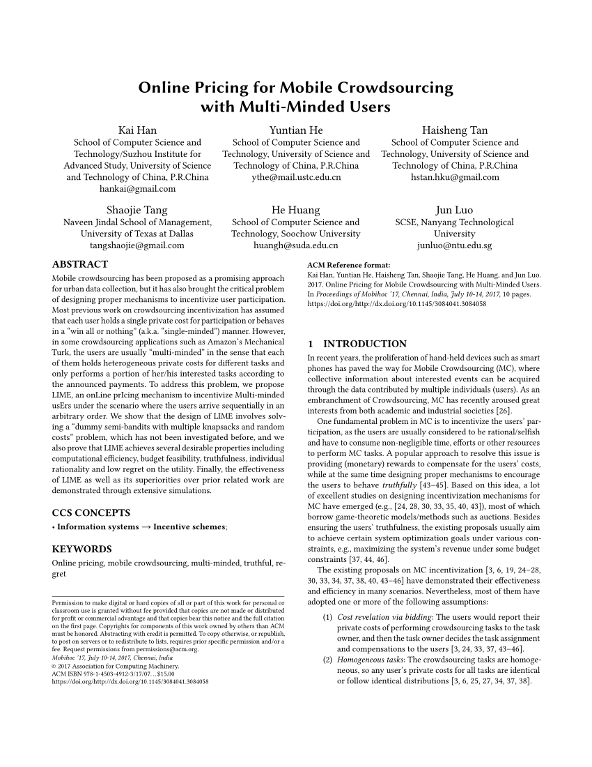 Pdf Online Pricing For Mobile Crowdsourcing With Multi Minded Users