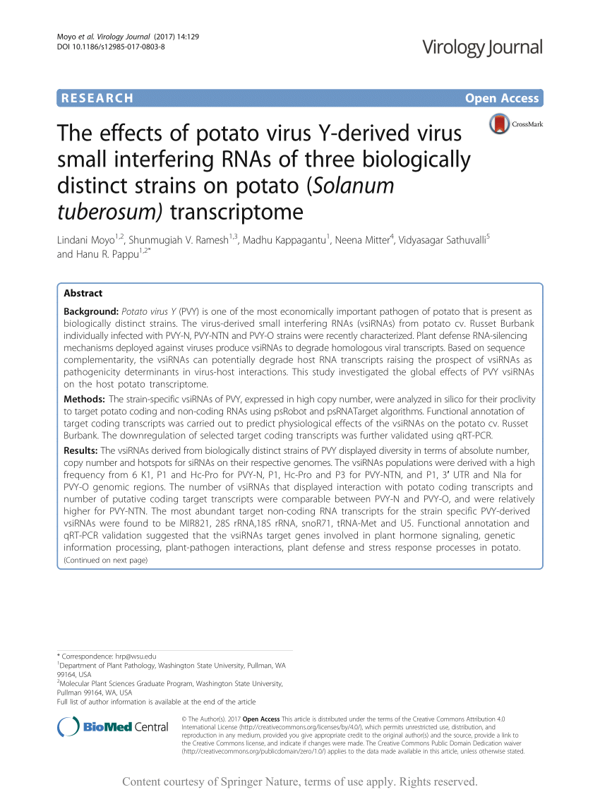 Pdf The Effects Of Potato Virus Y Derived Virus Small Interfering Rnas Of Three Biologically Distinct Strains On Potato Solanum Tuberosum Transcriptome