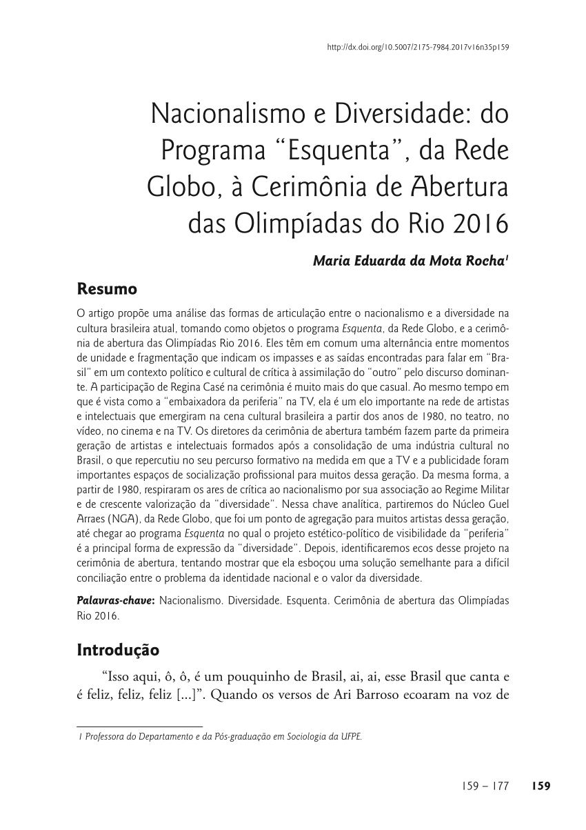 PDF) Nacionalismo e diversidade: do Programa “Esquenta”, da Rede Globo, à  cerimônia de abertura das Olimpíadas do Rio 2016