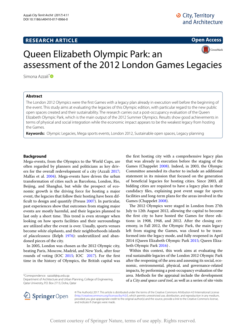 Pdf Queen Elizabeth Olympic Park An Assessment Of The 12 London Games Legacies