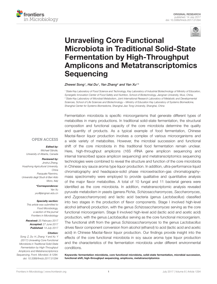 Pdf Unraveling Core Functional Microbiota In Traditional Solid State Fermentation By High Throughput Amplicons And Metatranscriptomics Sequencing