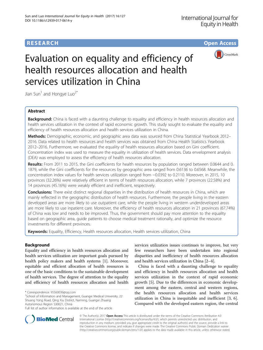Pdf Evaluation On Equality And Efficiency Of Health Resources Allocation And Health Services Utilization In China