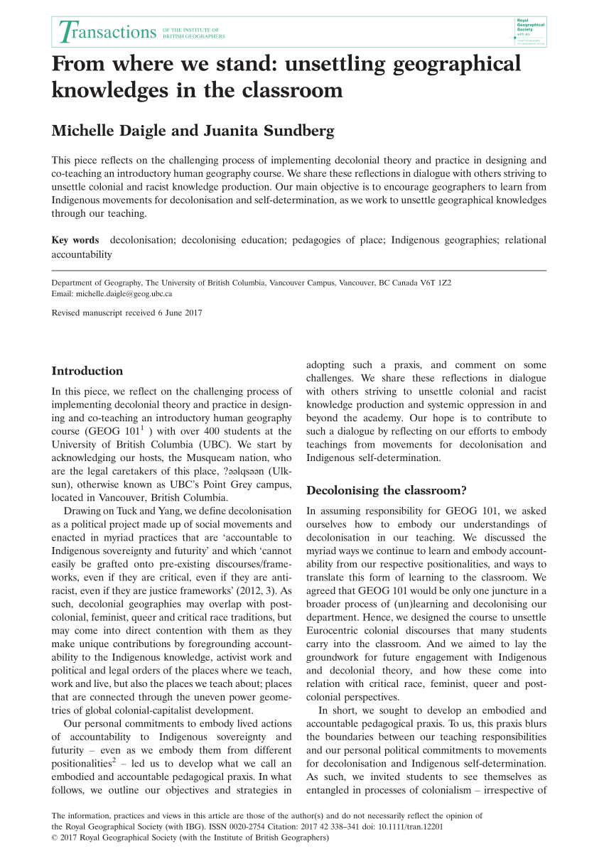 Pdf From Where We Stand Unsettling Geographical Knowledges In The Classroom