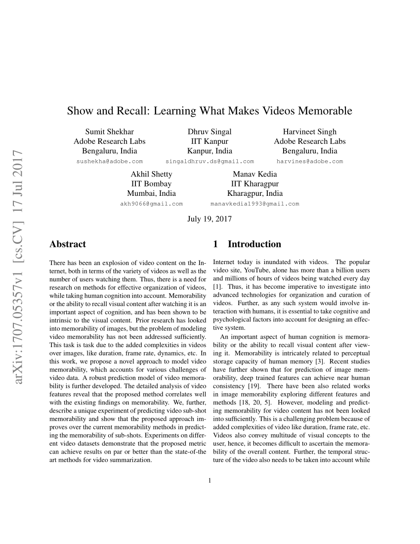 PDF) Show and Recall Learning What Makes Videos Memorable