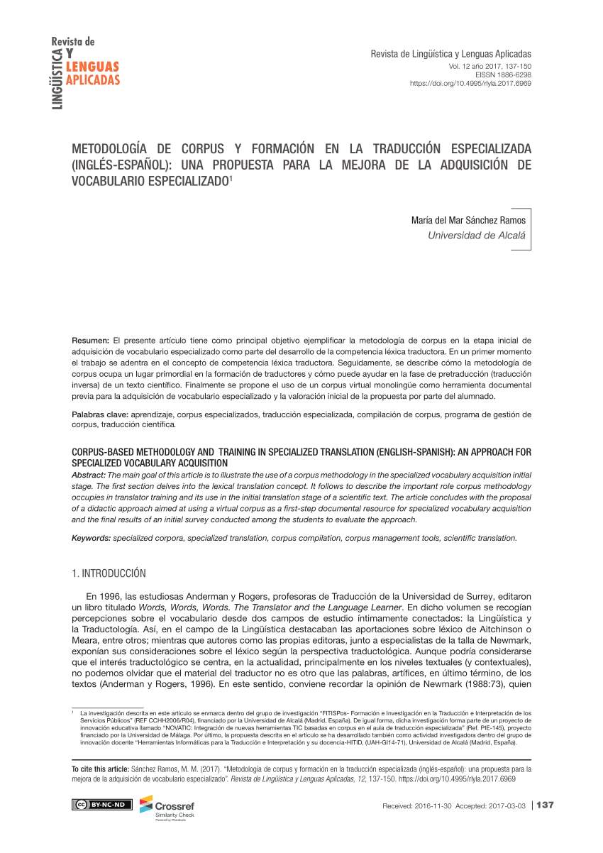 Pdf Metodologia De Corpus Y Formacion En La Traduccion Especializada Ingles Espanol Una Propuesta Para La Mejora De La Adquisicion De Vocabulario Especializado