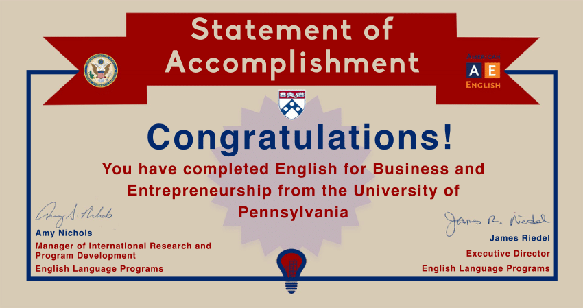 PDF) English for Business and Entrepreneurship Course from the University  of Pennsylvania-USA-2017 May-July2017