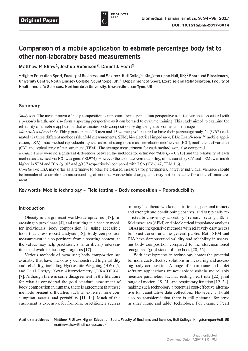 Body composition methods: validity and reliability