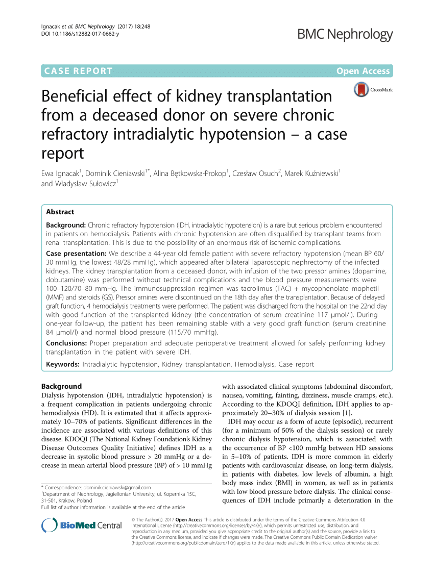 Pdf Beneficial Effect Of Kidney Transplantation From A Deceased Donor On Severe Chronic Refractory Intradialytic Hypotension A Case Report