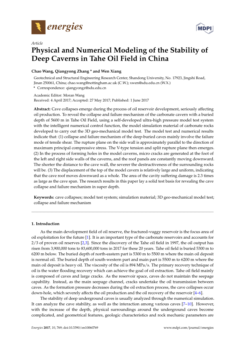 Pdf Physical And Numerical Modeling Of The Stability Of Deep Caverns In Tahe Oil Field In China