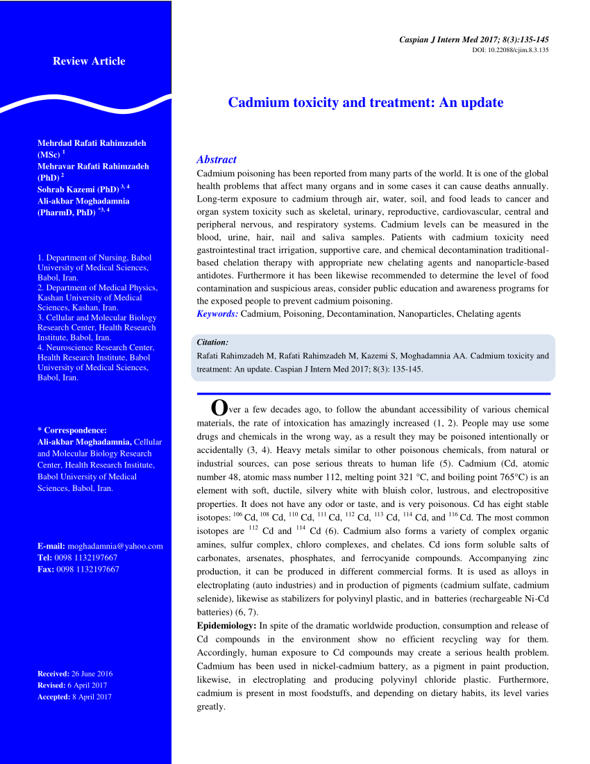 Pdf Cadmium Toxicity And Treatment An Update