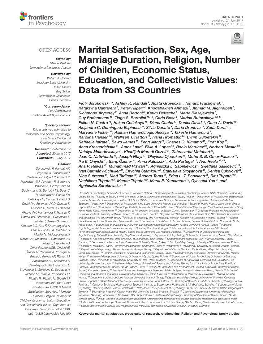 PDF) Marital Satisfaction, Sex, Age, Marriage Duration, Religion, Number of Children, Economic Status, Education, and Collectivistic Values Data from 33 Countries