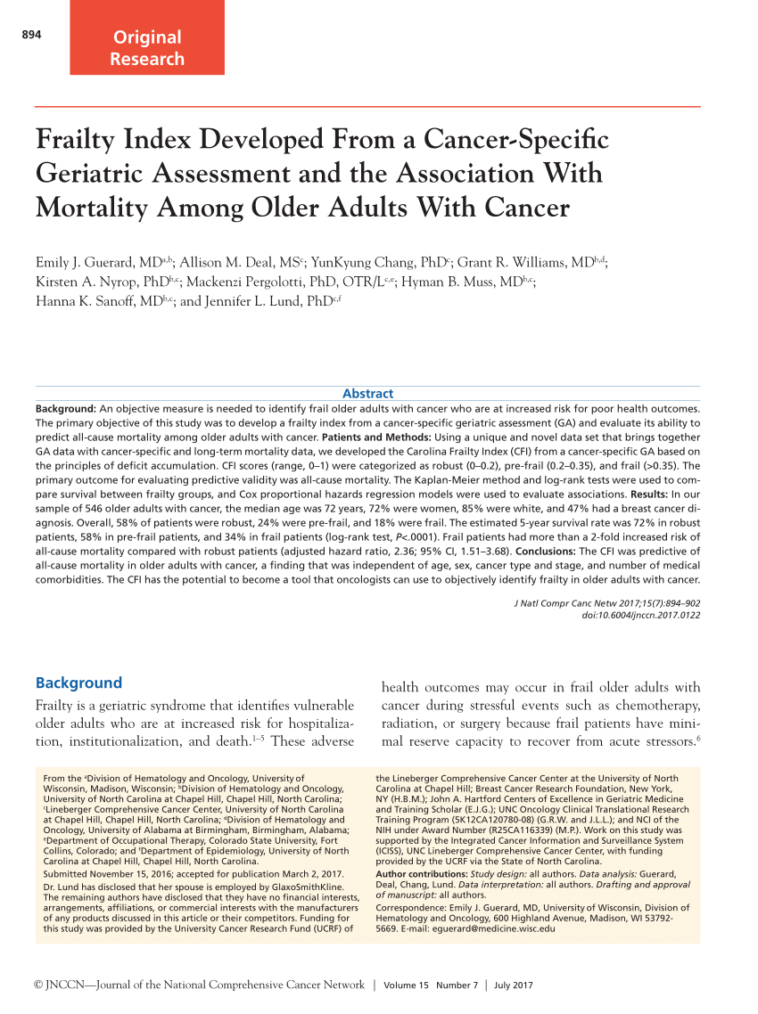 PDF Frailty Index Developed From a Cancer Specific Geriatric  