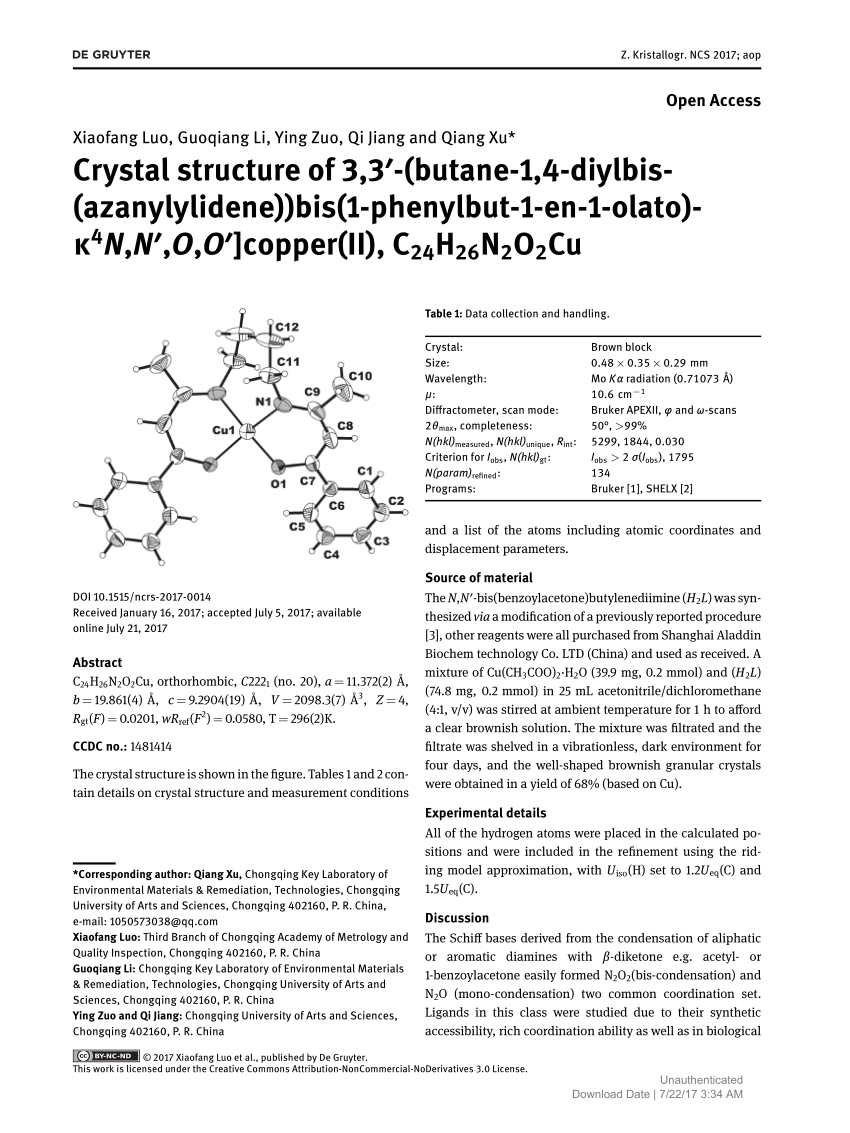 Pdf Crystal Structure Of 3 3 Butane 1 4 Diylbis Azanylylidene Bis 1 Phenylbut 1 En 1 Olato K4n N O O Copper Ii C24h26n2o2cu