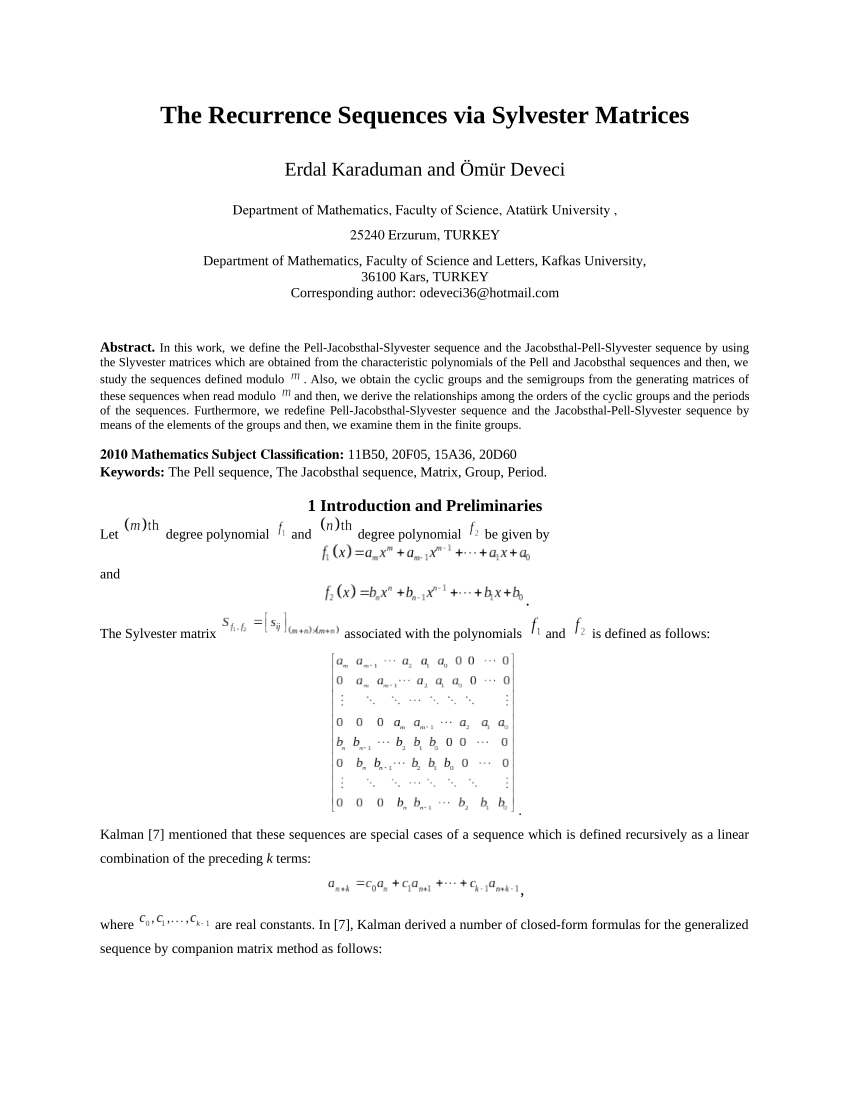 Pdf The Recurrence Sequences Via Sylvester Matrices