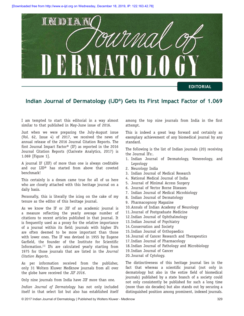 PDF Indian Journal Of Dermatology IJD Gets Its First Impact Factor Of